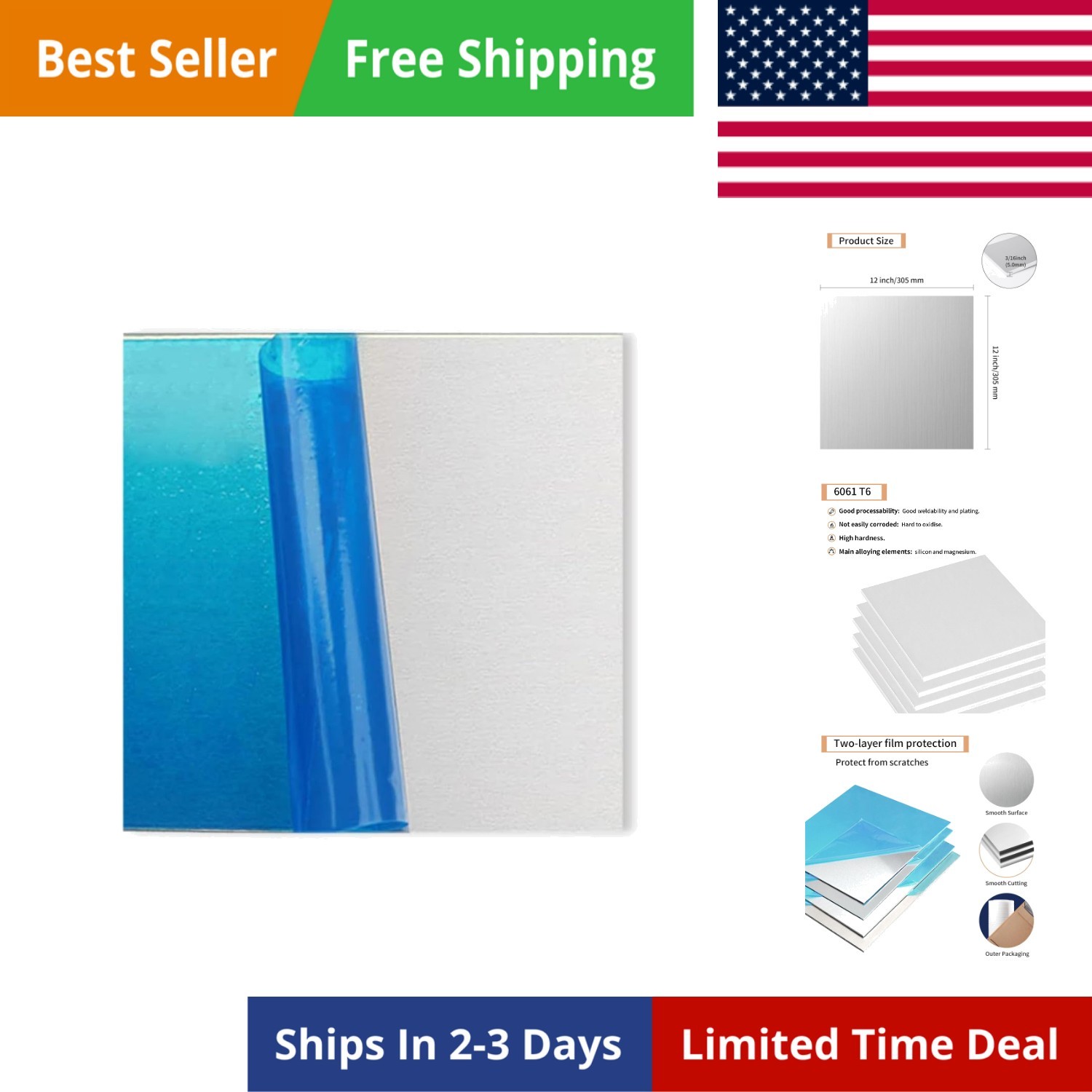 1PCS 6061 Aluminum Sheet Metal 3/16″ x 12″ x 12″, Aluminum Plates Covered wit…