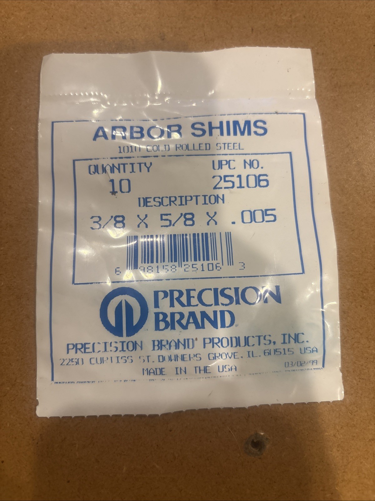Precision Brand 25106 Arbor Shim,0.0050X3/8 Id,Pk10