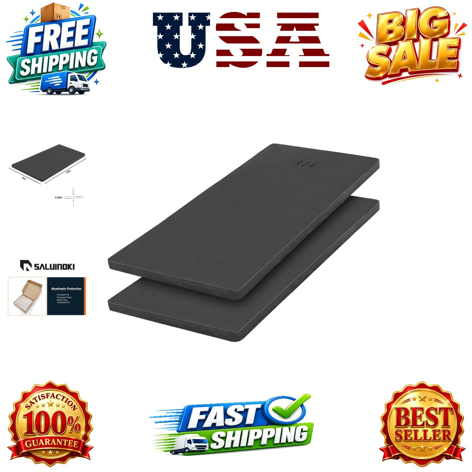 2 Pack 1/4 Hot Rolled Steel Plate A36 Steel Sheet 12 x 6 inch A36 Steel