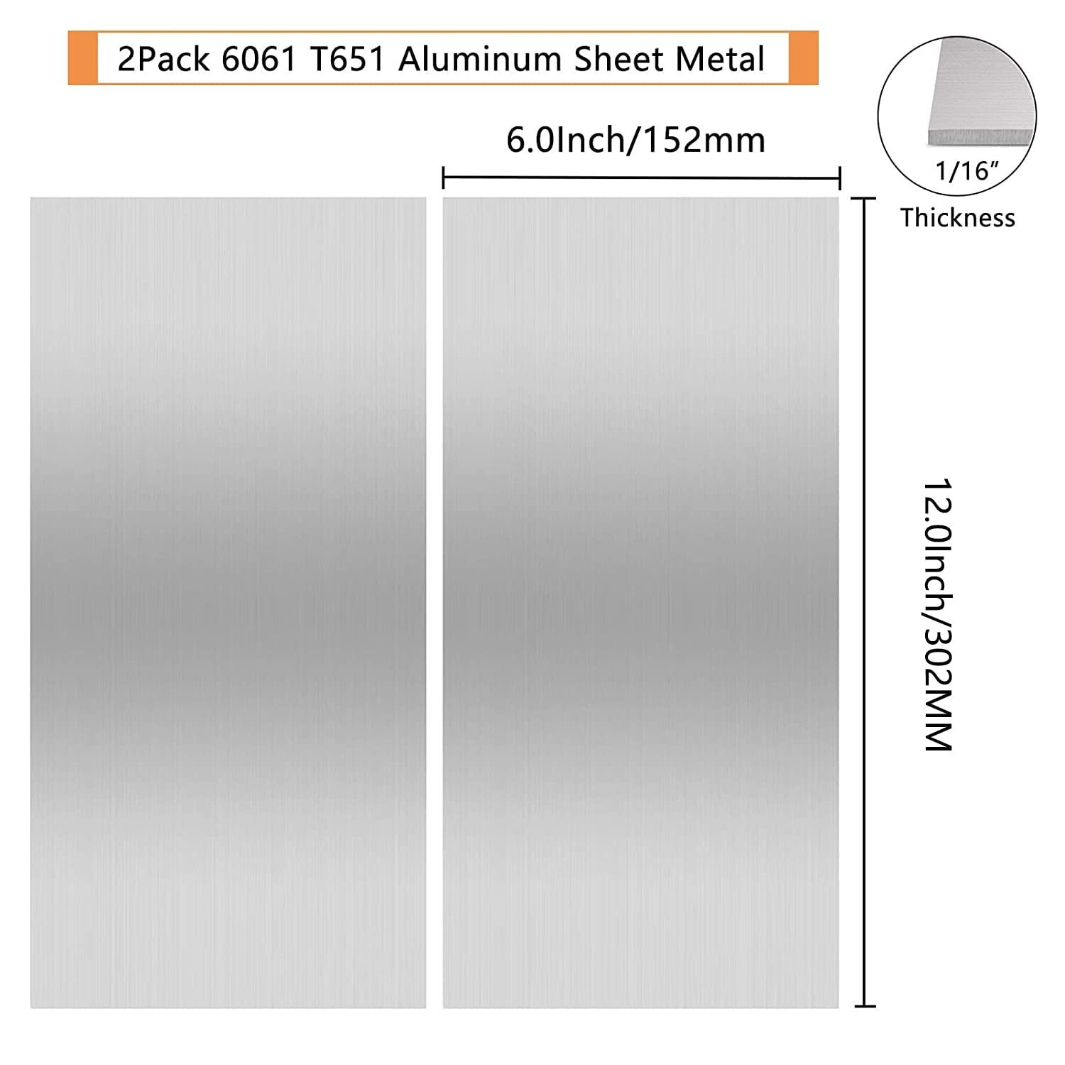 2Pack 6061 T6 Aluminum Sheet Metal 6 x 12 x 1/16 Inch Flat Plain Aluminum Plate
