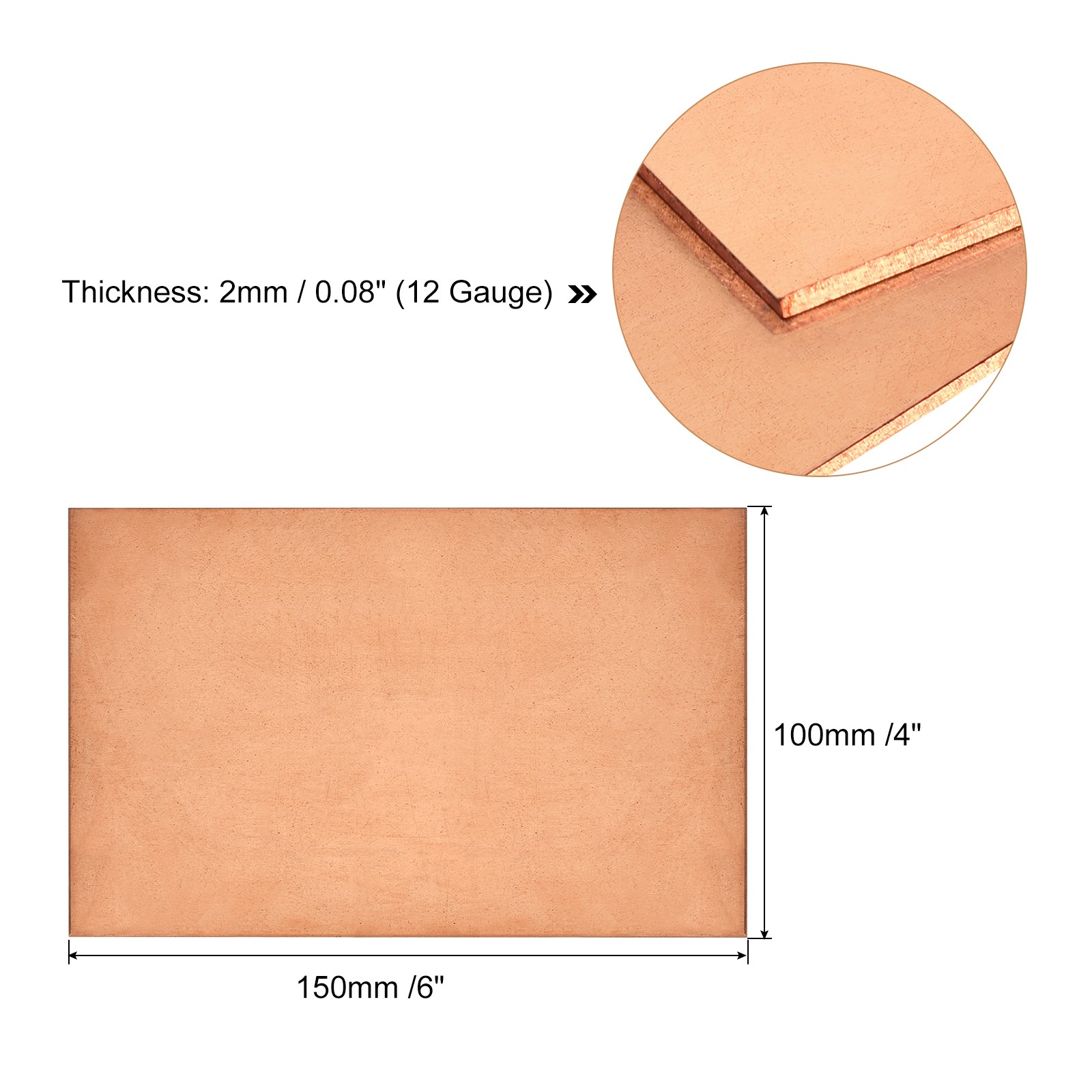 Pure Copper Sheet, 6″ x 4″ x 0.08″ 12 Gauge T2 Copper Metal Plate