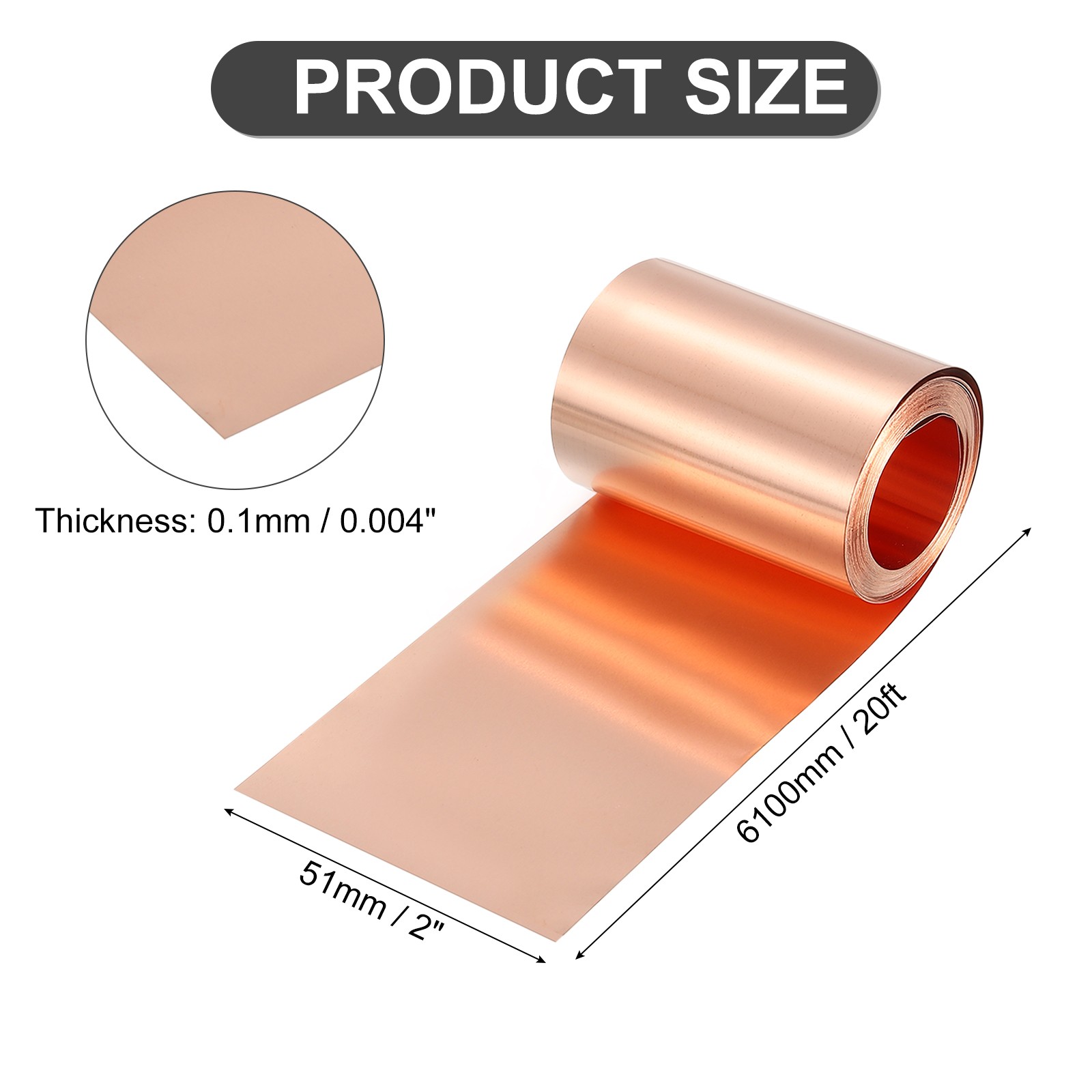 Pure Copper Sheet Roll, 0.1mm 22Ga Thick T2 20Ft x 2in Copper Strip for Craft