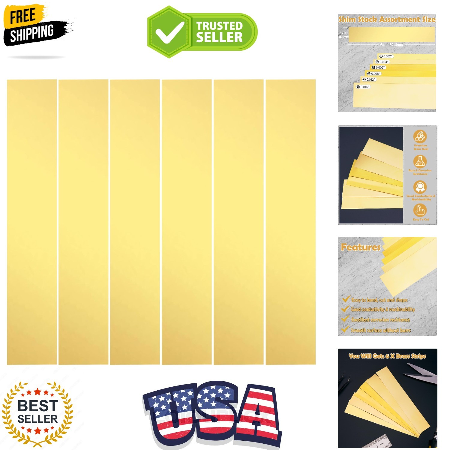Brass Strip, Brass Shim Stock Assortment, 1″ Width x 6″ Length, 0.002″, 0.004…