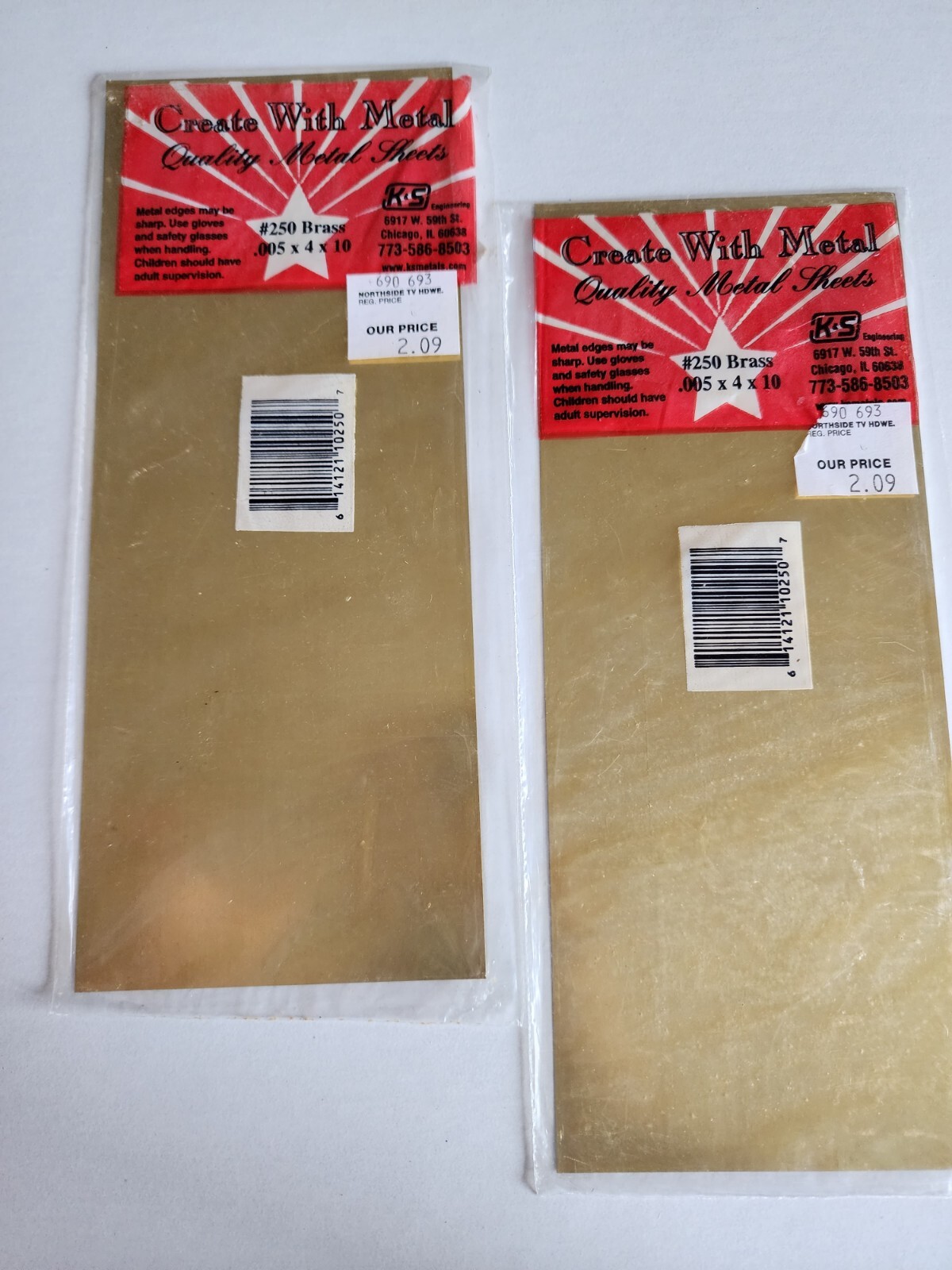K & S Precision Metals .005x4x10 #250 Brass Sheet Lot Metal Bronze NEW Lot of 2