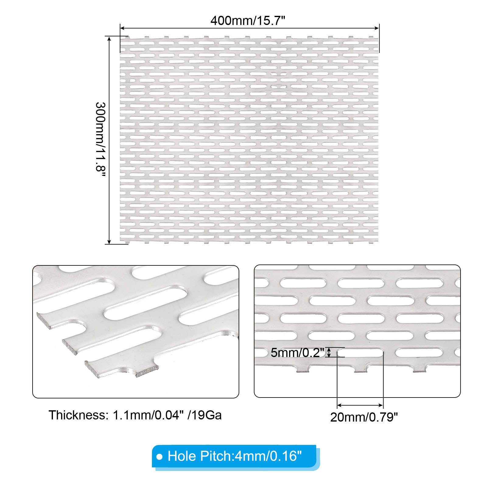 15.7″ x 11.8″ Perforated Metal Sheets, 19Ga 0.2″ x 0.79″ Oval Hole Mesh