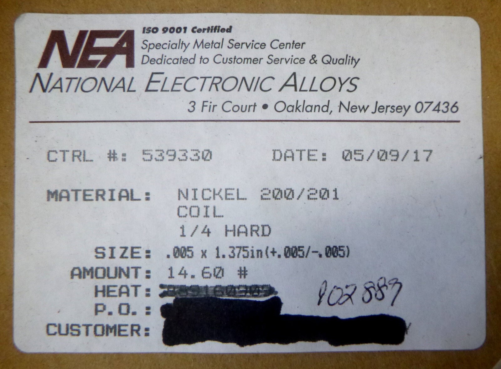 National Electronic Alloys (NEA) Nickel 200/201 Coil, 0.005″ x 1.375″, 14.5 lbs.