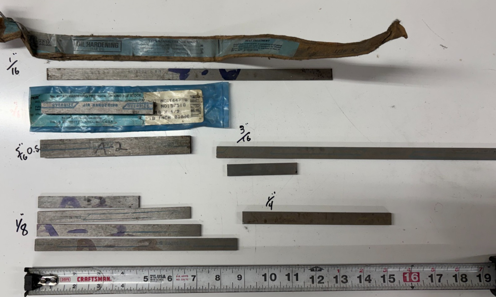 Lot of 16, Misc Air Hardening Tool Steel Flat Stock, AISI Type A2 16 Pieces
