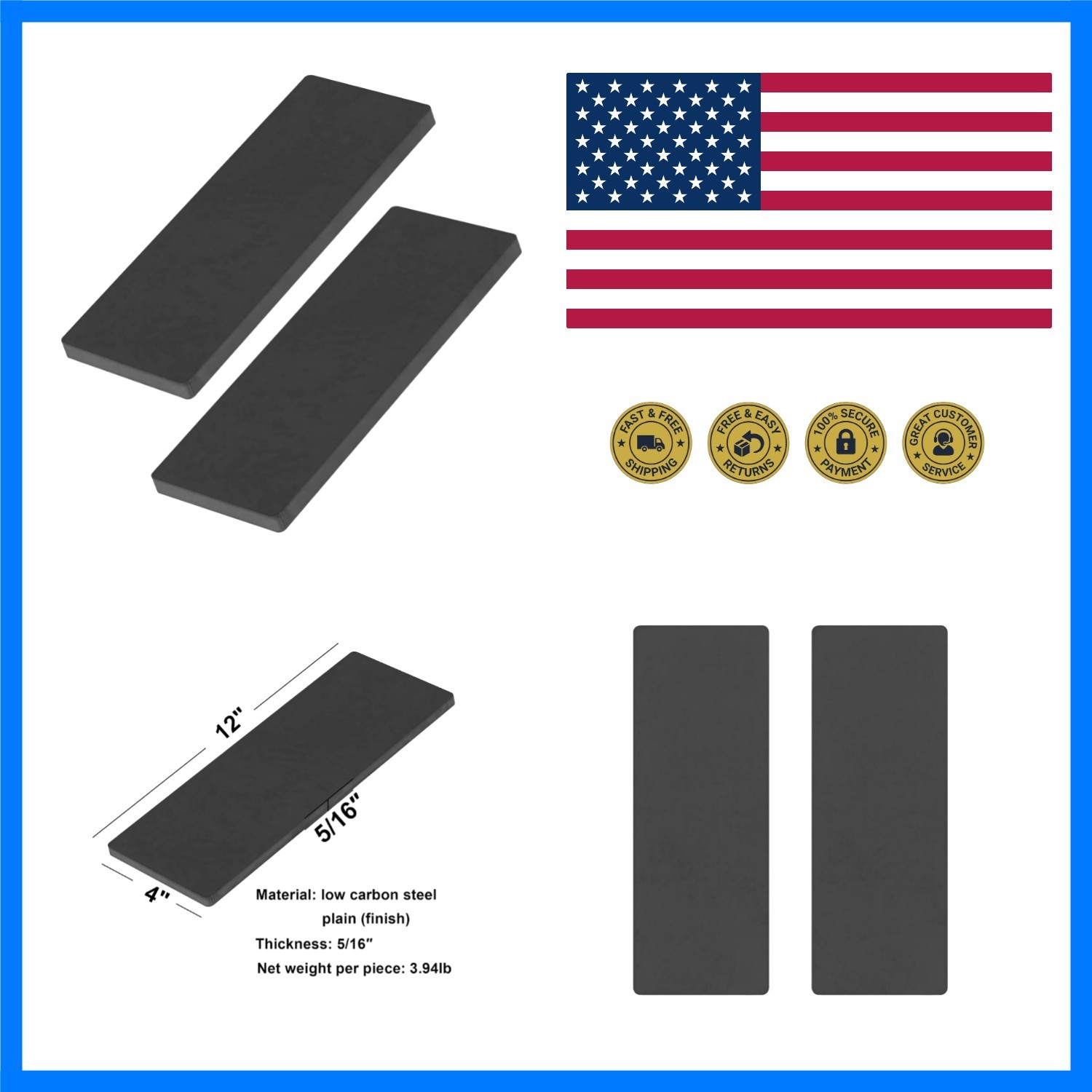 2 PCS 4″ x 12″ x 5/16″ Steel Plate, Metal Flat Bar, Hot Rolled | Max Load 660lbs