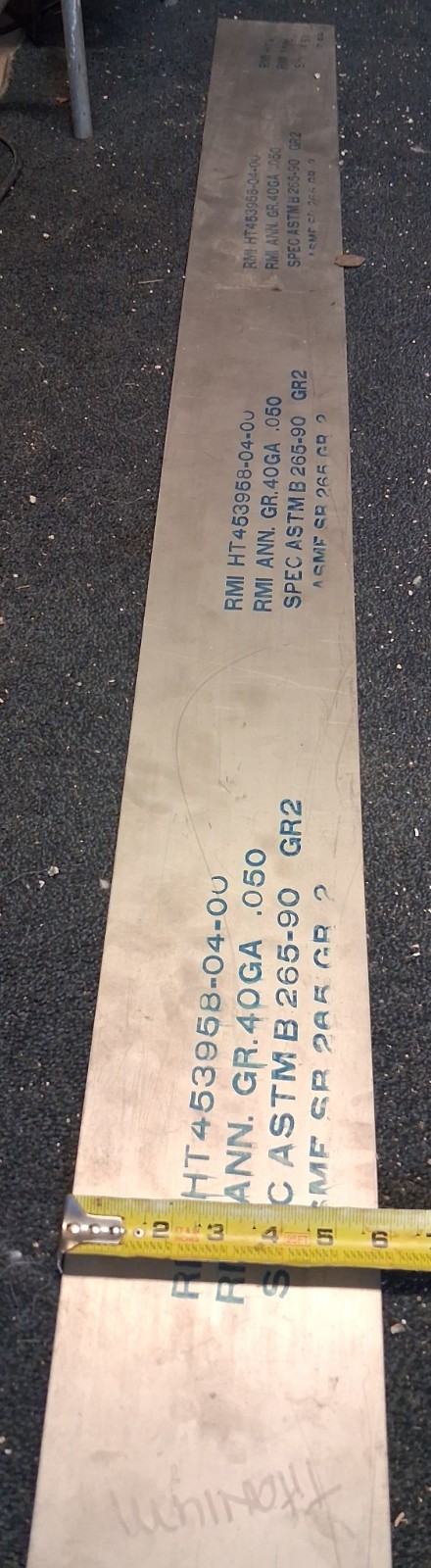 titanium sheet metal, 5.75″ x 67″ x .050, ASTM B 265-90 GR2