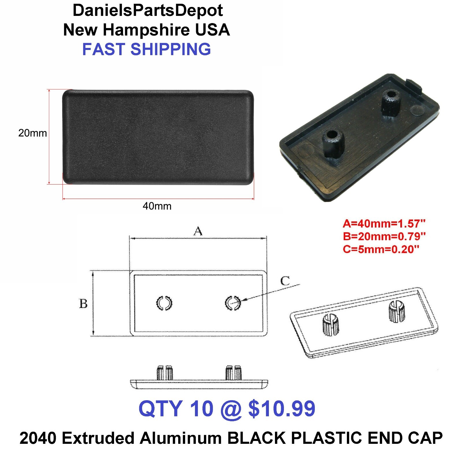 x10 END CAP 2040 BLACK PLASTIC Extruded Aluminum T-slot 20 mm X 40 mm COVER USA