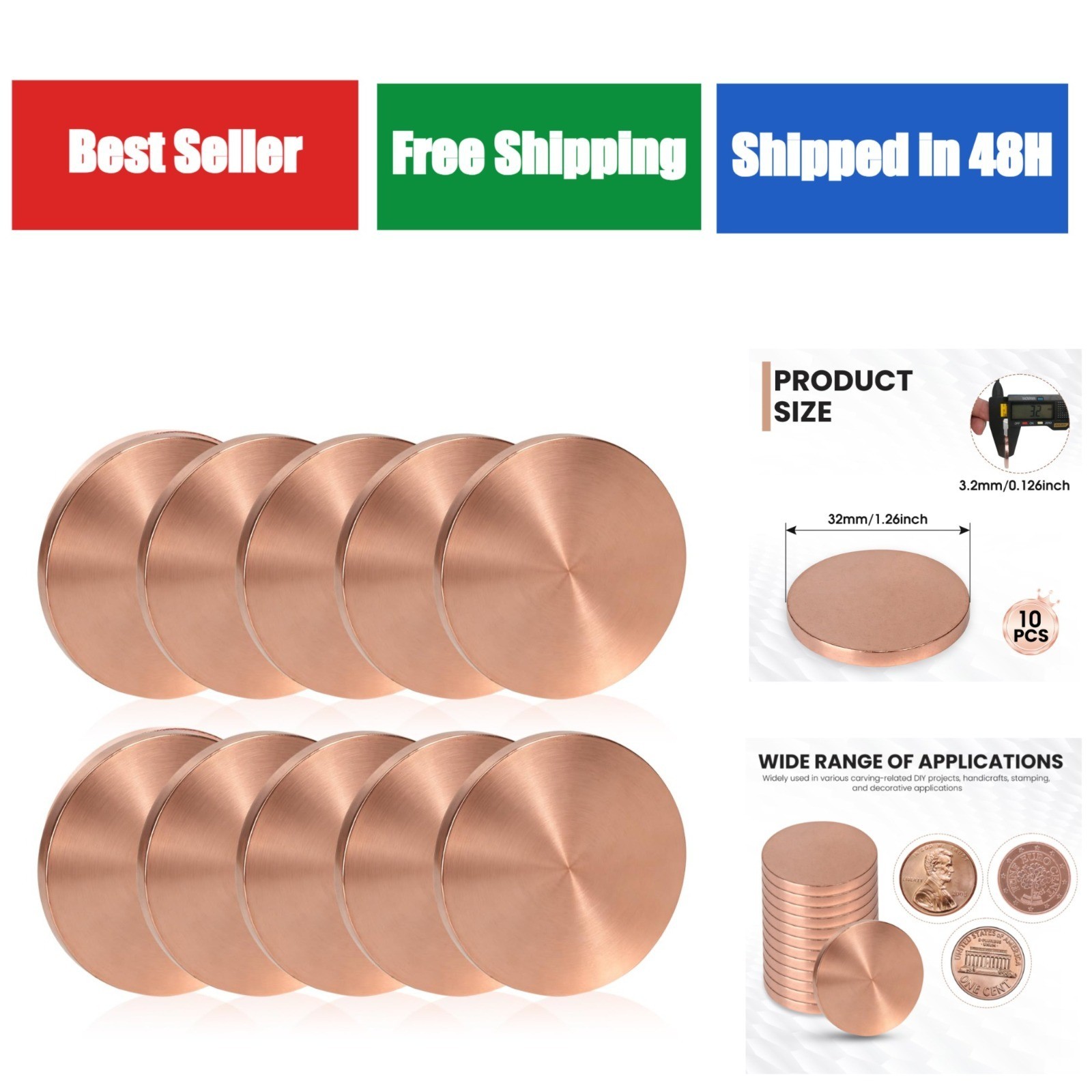 1-1/4″ Copper Round Disc Blanks, 1/8″ Thick, 10 Pack for Crafts