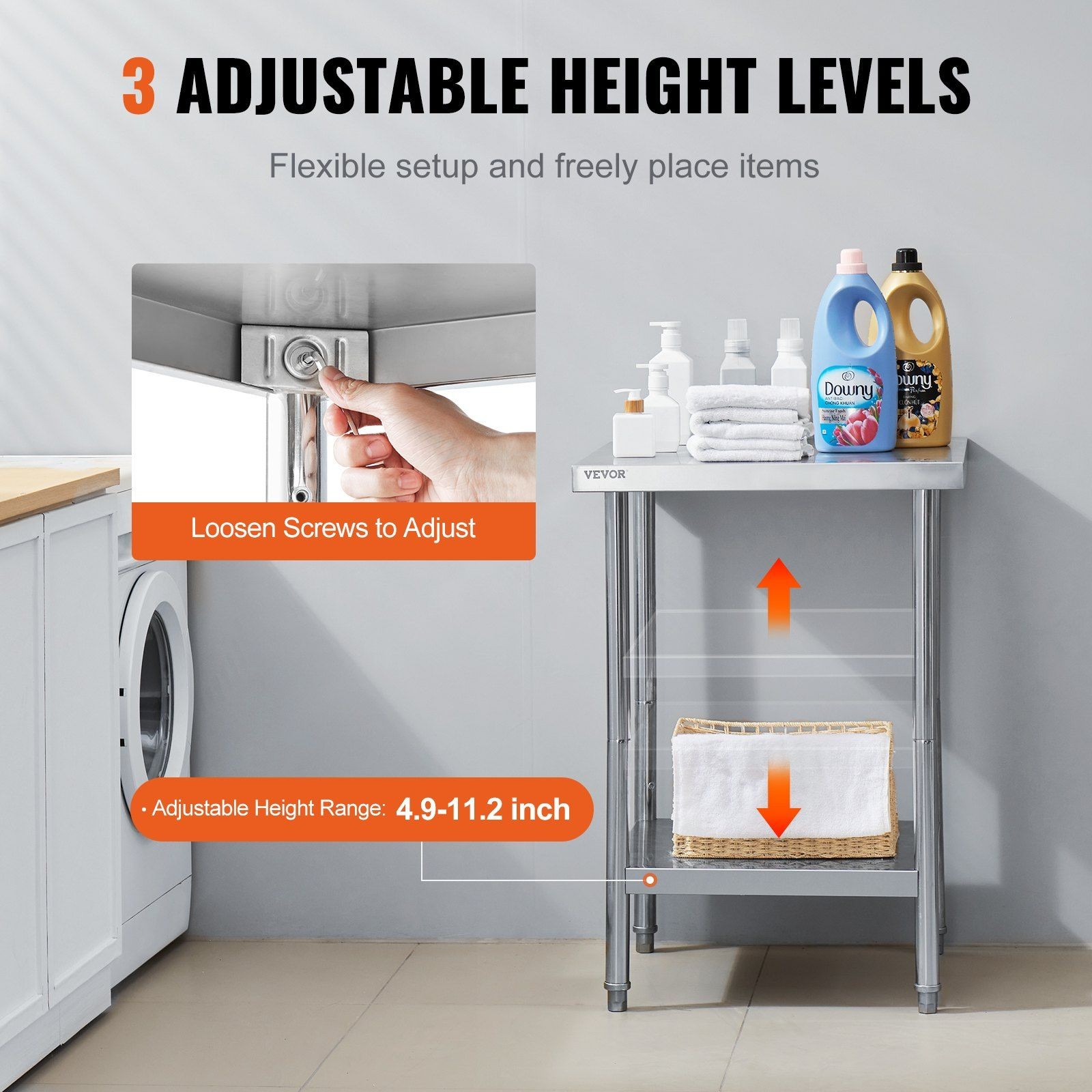 33lb 24x24x34in Stainless Steel Worktable & 3 Adjustable Heights