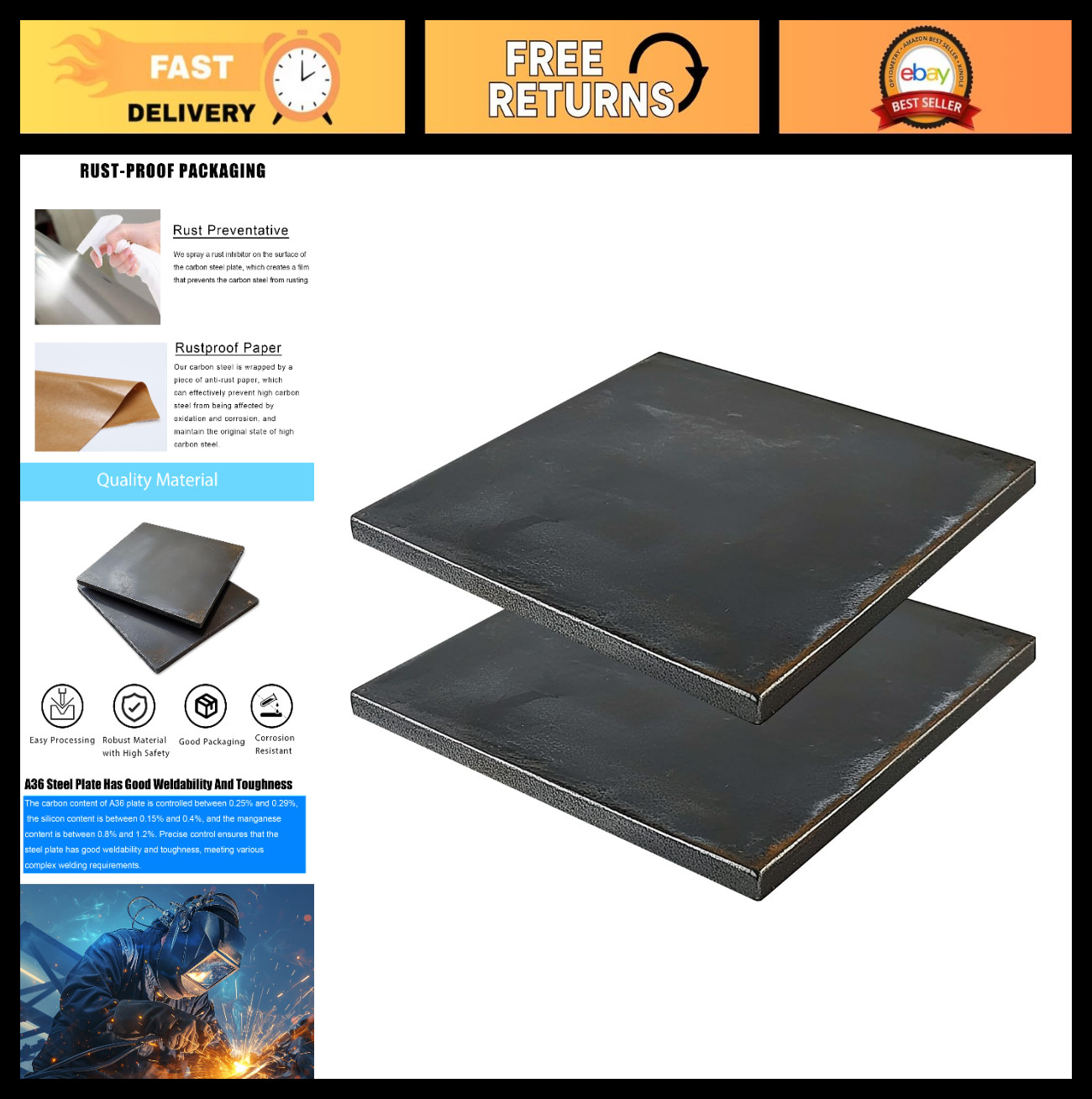6″ x 6″ x 1/8″ Steel Plate – 2PCS Hot Rolled Metal Flat Sheet for Welding & DIY