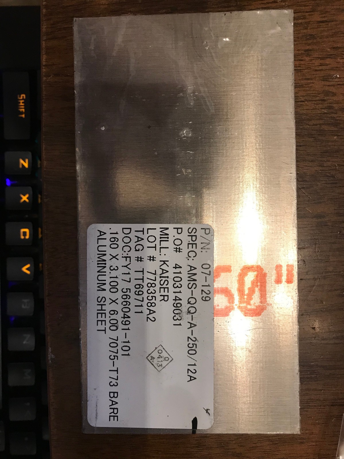Aluminum 7075-T73 plate, .16″ x 3.1″ x 6.0″