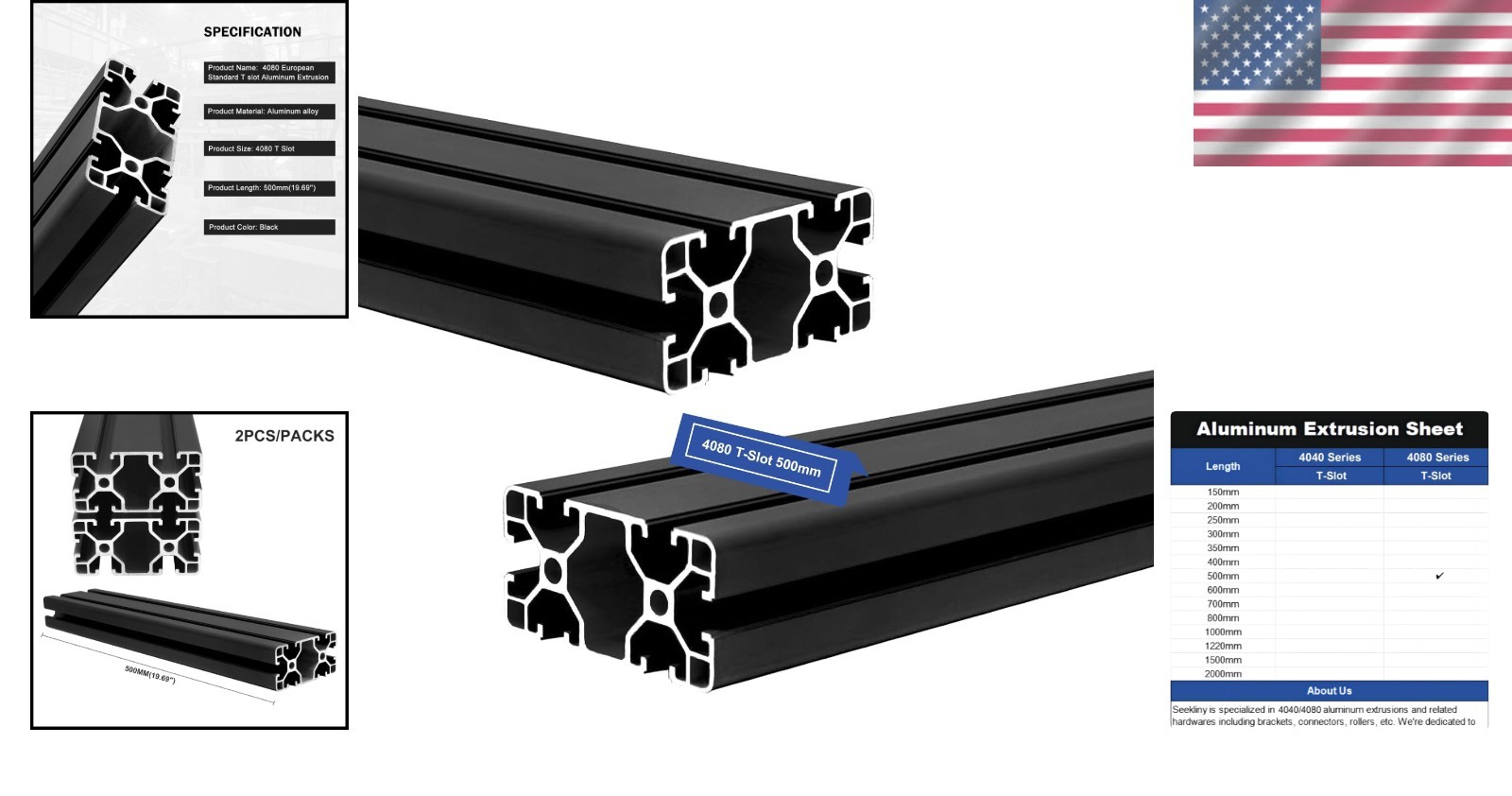 2Pack Black 4080 T Slot Aluminum Extrusion 500mm