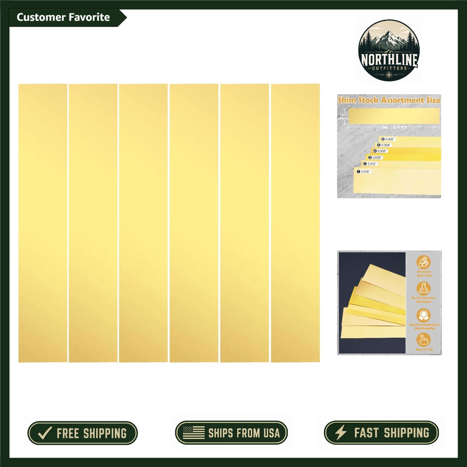 Brass Shim Stock Assortment – 6-Piece Set, 1″x6″, 0.002″ to 0.016″ Thickness
