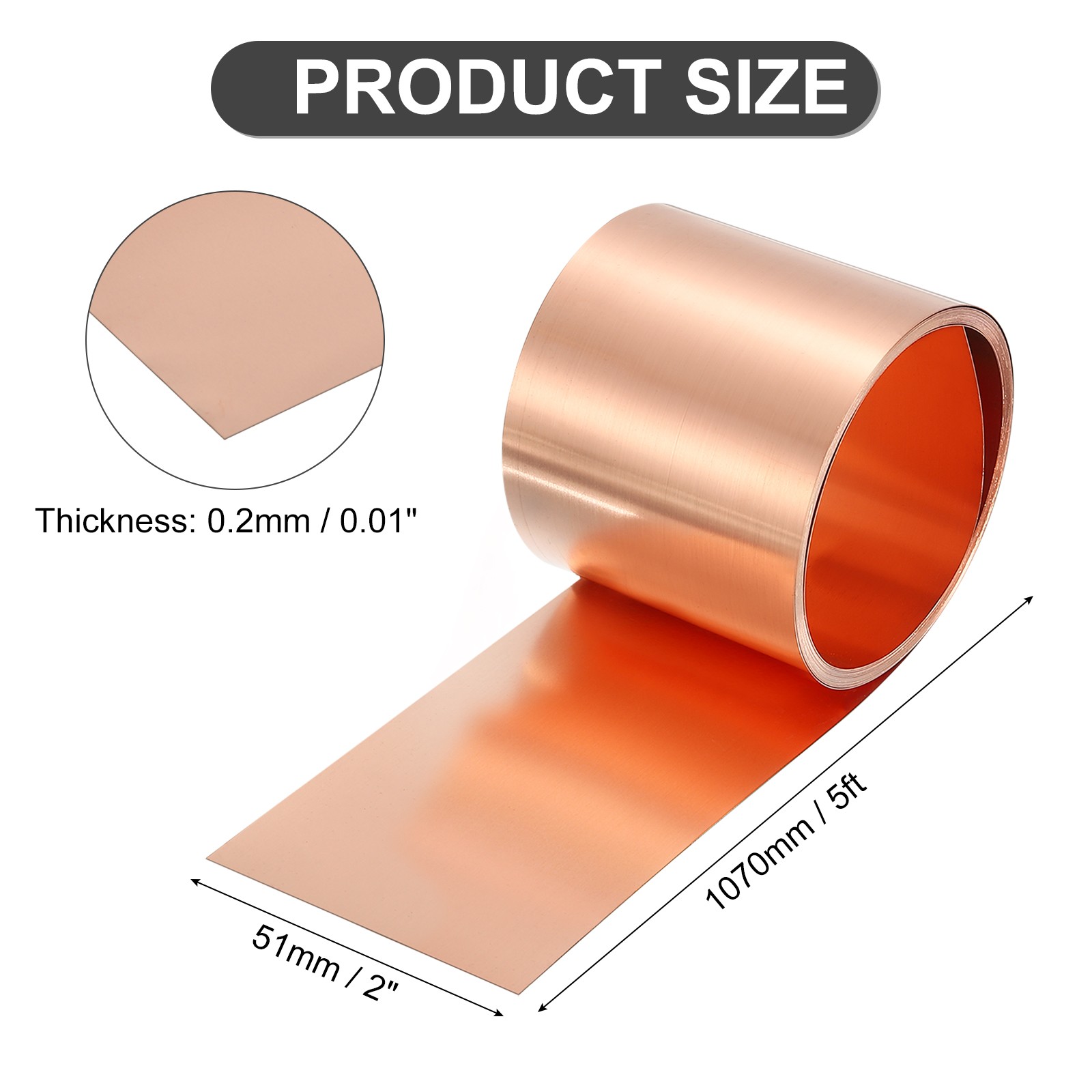 Pure Copper Sheet Roll, 0.2mm 24Ga Thick T2 3.5Ft x 2in Copper Strip for Craft