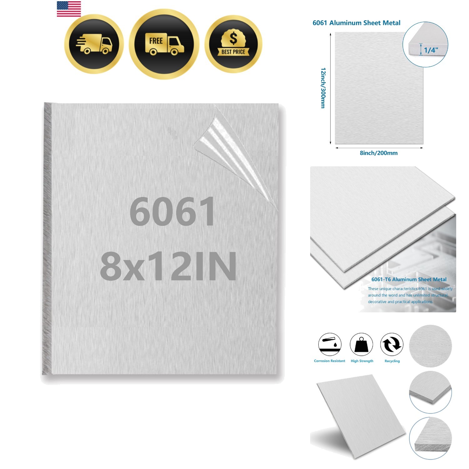6061 Aluminum Sheet Metal 8 x 12 x 1/4 Inch, Heavy Duty Aluminum Sheets Plate…