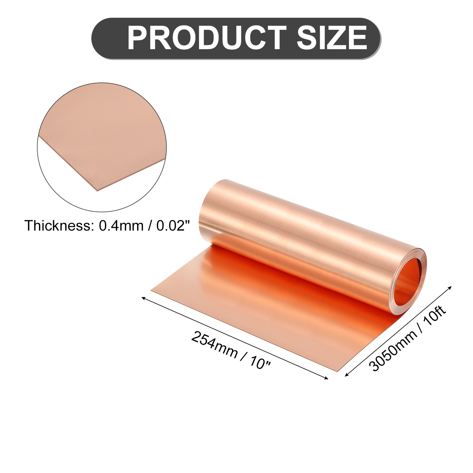 Pure Copper Sheet Roll, 0.4mm 26Ga Thick T2 10Ft x 10in Copper Strip for Craft