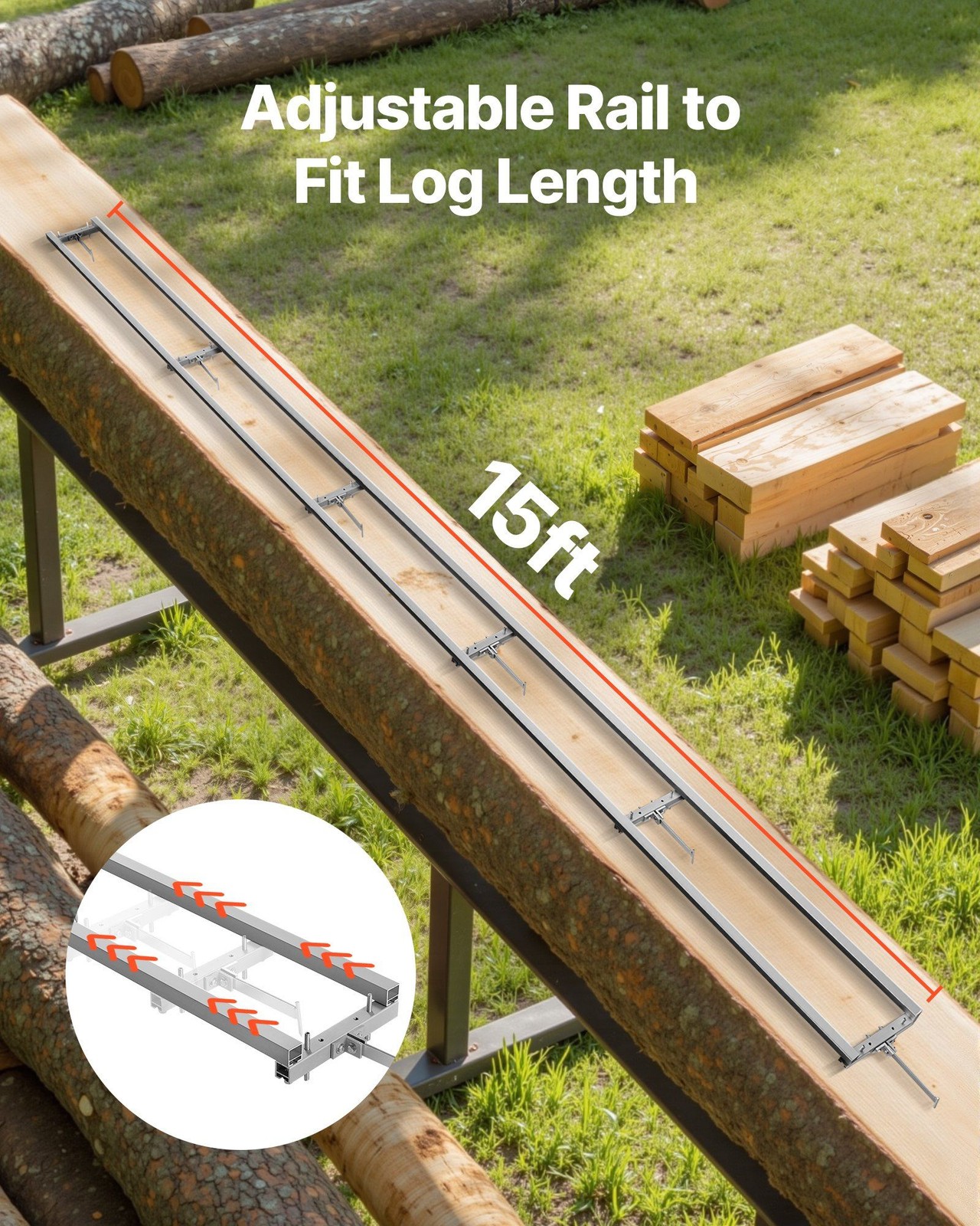 15ft 6x Aluminum Rail Chainsaw Mill Kit & 4 Wedges, Adjustable Guide